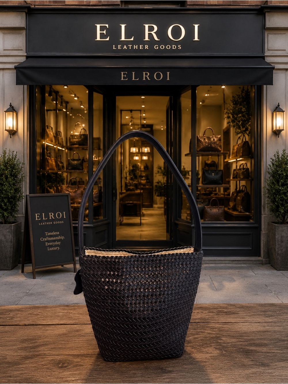 NEW ELroi black cowhide woven hobo bag